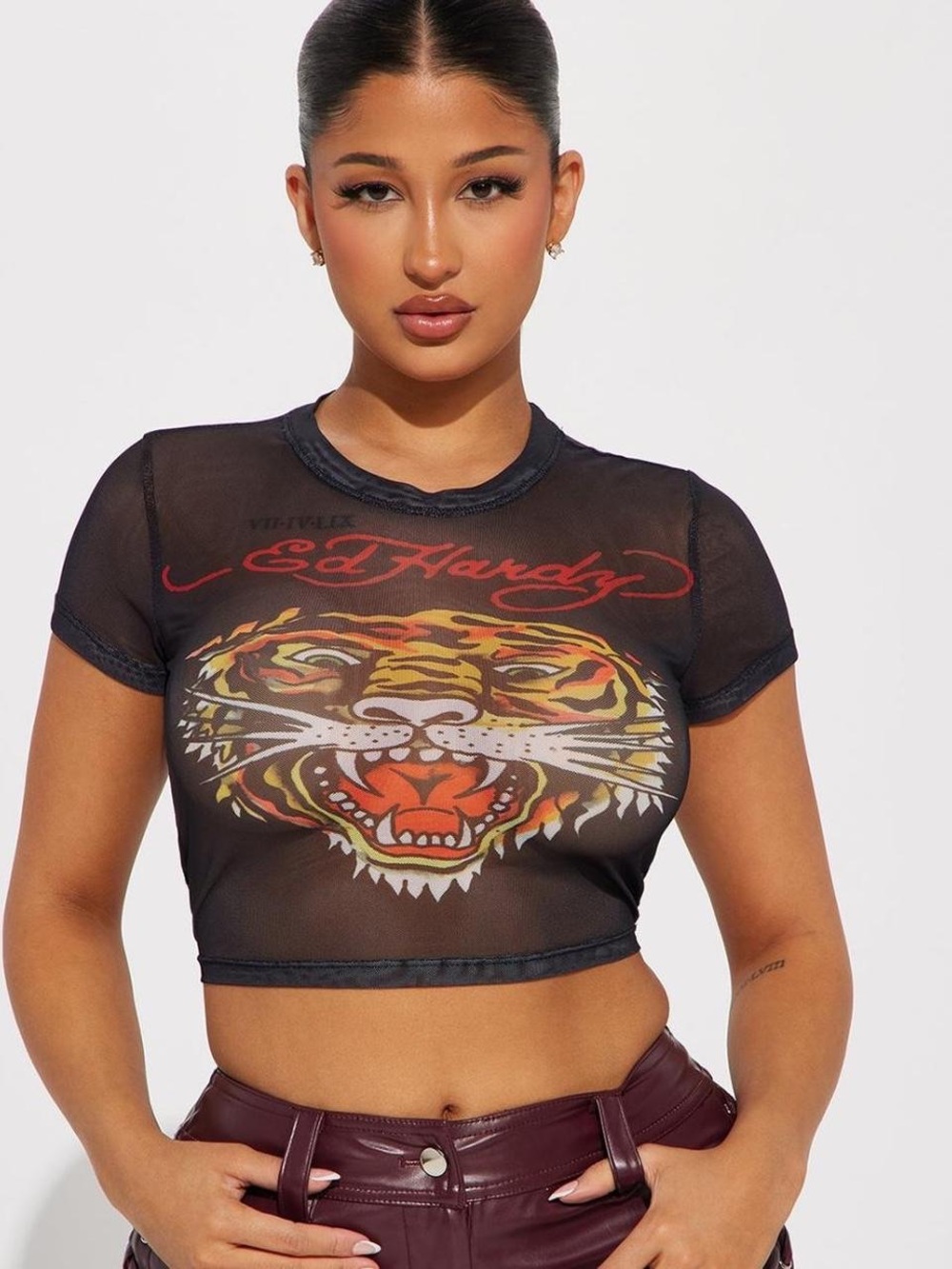 Ed Hardy Black Sheer Mesh Crop Top Tee Shirt Red Orange Tiger Graphic Y2K Style